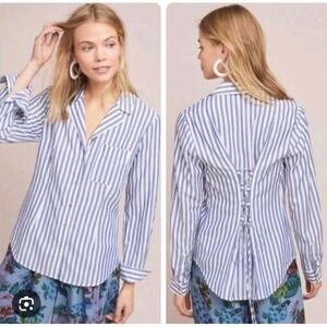 Pilcro Anthropologie Striped Button Up Tie Back Blouse Women's 12 Blue Striped